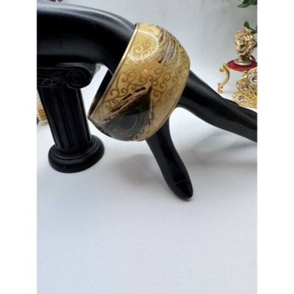 8” Hand Painted Silver on Ivory Brass Chunky Bangle Bracelet Peacock Feather - Picture 4 of 12